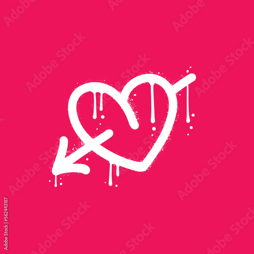 Spray urban graffiti heart icon pierced with arrow. White textured element on magenta background. Fall in love and St. Valentine's day concept for february 14th. y2k vector illustration. photo