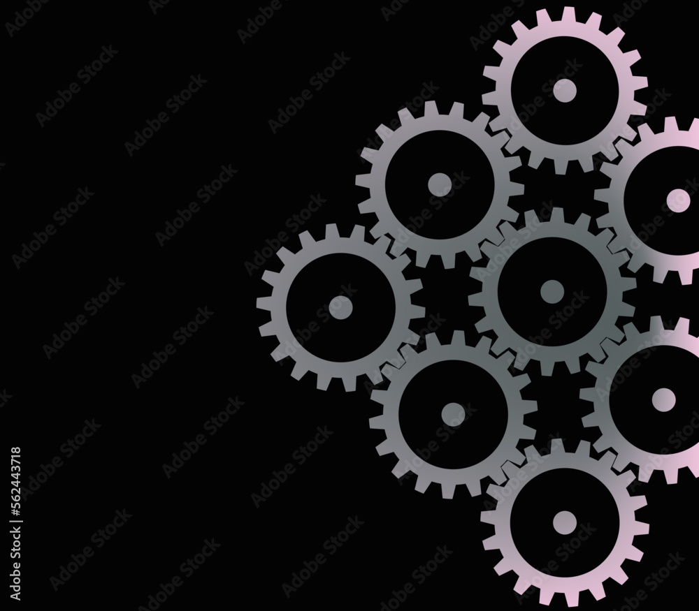 set of smoothly gradated silver multicolored gears on black background