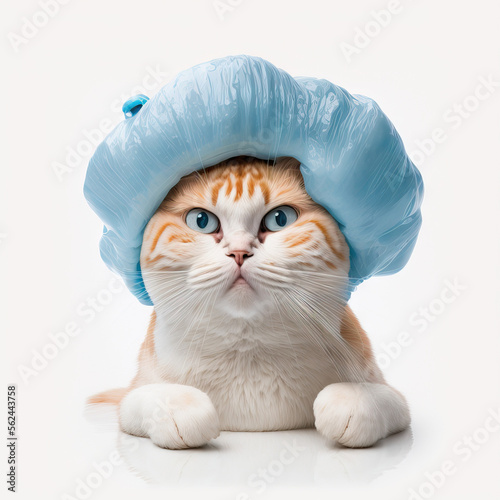 Funny illustration of moody cat wearing shower cap. White background. Generative AI