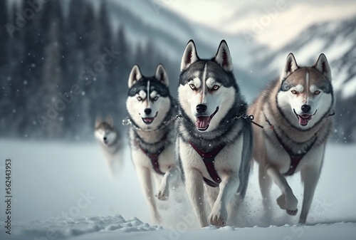 Close-up team of husky sled dogs racing across the snow. Generative AI