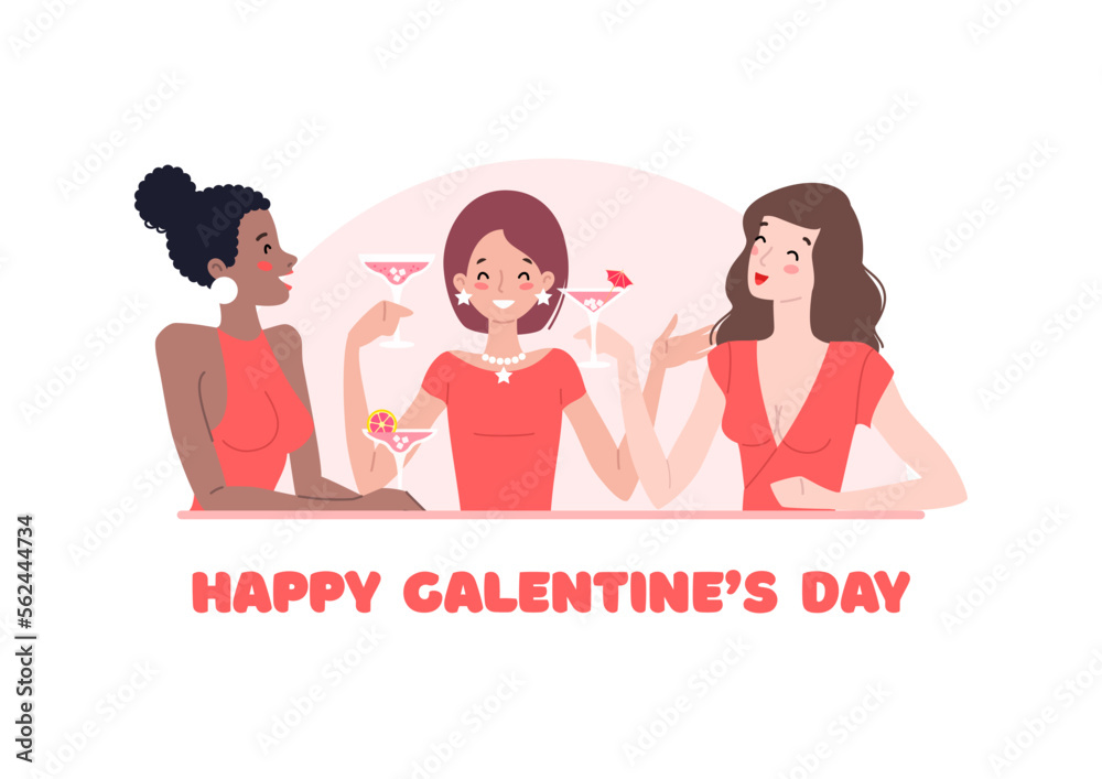 Happy Galentine's Day card template. Illustration of pretty young women talking and laughing together. Woman's friendship concept. Vector 10 EPS. Happy Galentine's Day card template. Illustration of pretty young women talking and laughing together. Woman's friendship concept. Vector 10 EPS.