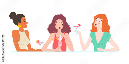 Pretty girls enjoying cocktails in a nightclub or cafe. Illustration of multiracial young women talking and laughing together. Woman's friendship concept. Vector 10 EPS.