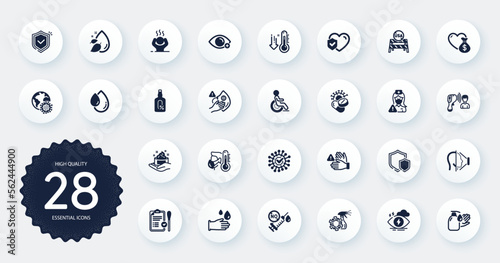 Set of Medical icons, such as Nurse, Dirty mask and Stress flat icons. Coronavirus pills, Dont touch, Water drop web elements. Sick man, Coronavirus, Electronic thermometer signs. Vector