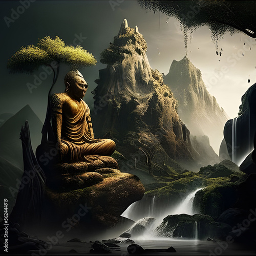 Mountain Buddha Statue Sitting. Generative AI. Buddhism Religion Illustration. Nature and Faith. Asian Oriental Way of Lifestyle.