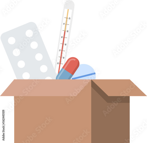 Box with medicines and thermometer flat icon Health care Treatment