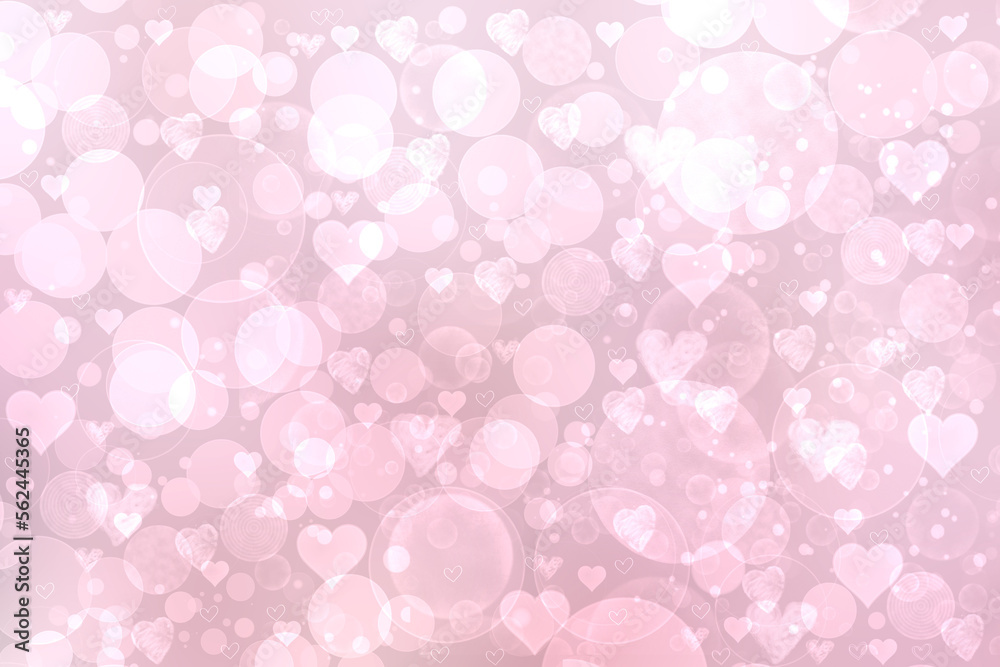 Abstract festive blur light pink pastel background with white pink hearts inside love bokeh for wedding card or Valentine day.  Romantic textured backdrop with space for your design. Card concept.