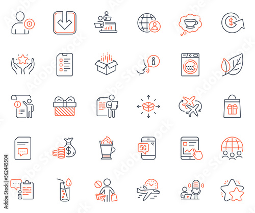 Business icons set. Included icon as Manual doc, Latte coffee and Flight time web elements. Clipboard, 5g phone, Stop shopping icons. Leaf, Security, Laundry web signs. Load document. Vector