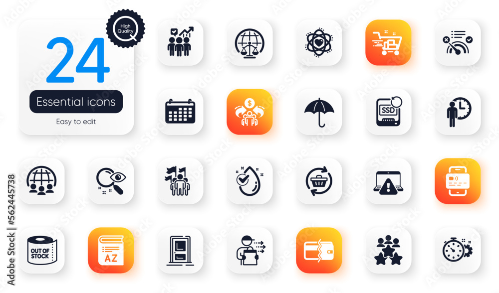Set of Business flat icons. Online warning, Waiting and Shopping cart elements for web application. Search, Food delivery, Calendar icons. Payment methods, Business meeting, Umbrella elements. Vector Set of Business flat icons. Online warning, Waiting and Shopping cart elements for web application. Search, Food delivery, Calendar icons. Payment methods, Business meeting, Umbrella elements. Vector