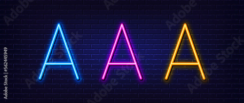 Initial letter A icon. Neon light line effect. Line typography character sign. Large first font letter. Glowing neon light element. Letter A glow 3d line. Brick wall banner. Vector