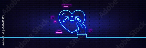 Neon light glow effect. Genders line icon. Inclusion sign. Gender diversity symbol. 3d line neon glow icon. Brick wall banner. Genders outline. Vector
