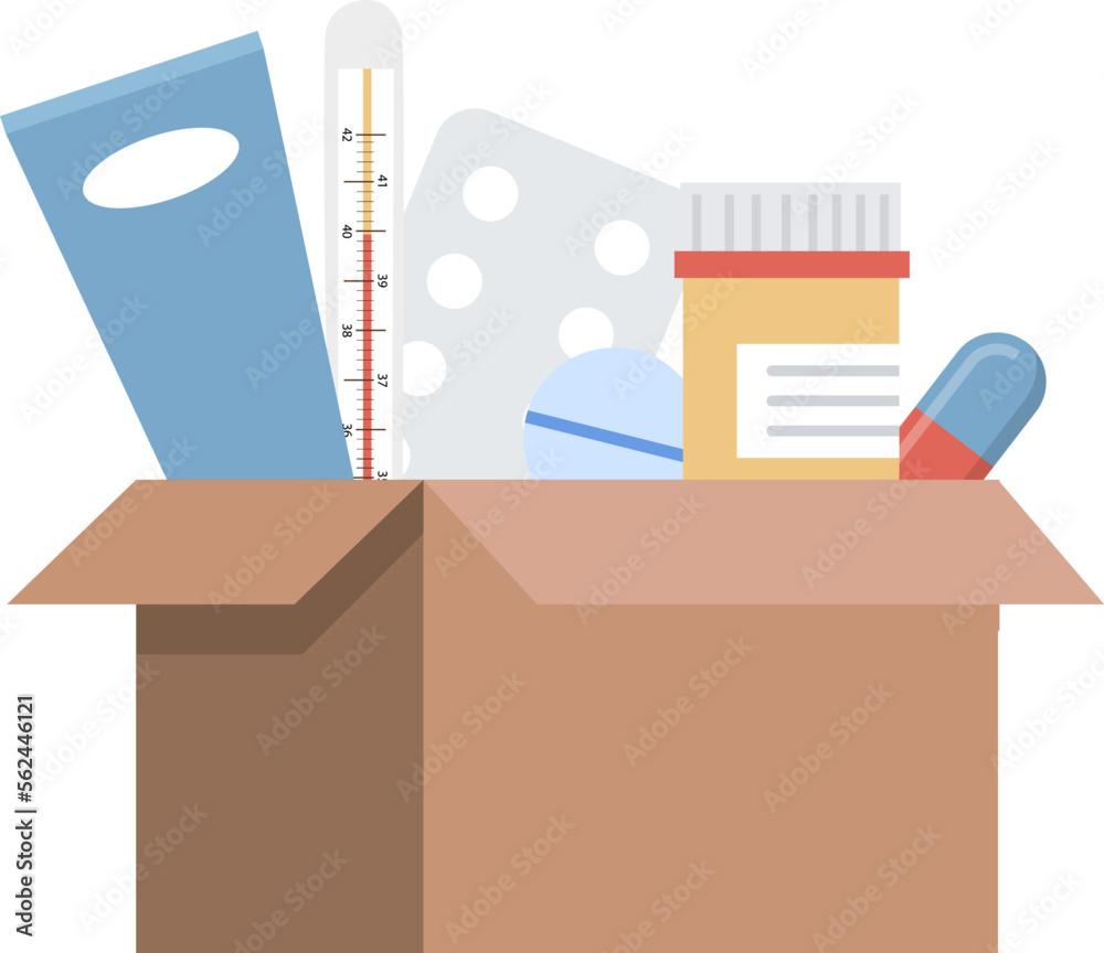 Box with medicines and thermometer flat icon Health care Treatment