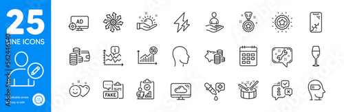 Outline icons set. Electricity, Chart and Piggy bank icons. 5g statistics, Weariness, Drums web elements. Info, Versatile, Smile signs. Wineglass, Smartphone broken, Spanner. Winner star. Vector