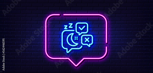Neon light speech bubble. Sleep line icon. Night rest sign. Chat bubble with moon symbol. Neon light background. Sleep glow line. Brick wall banner. Vector