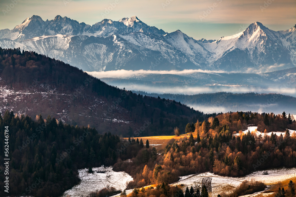 Stunning high rocky mountains landscape, the incredible early spring view of Tatra Mountains in Poland