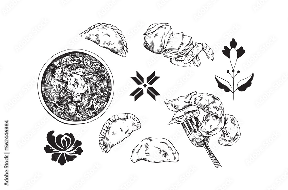 Ukrainian cuisine, borscht, dumplings, lard. Vector seamless pattern, sketch design. Ukrainian cuisine, borscht, dumplings, lard. Vector seamless pattern, sketch design.