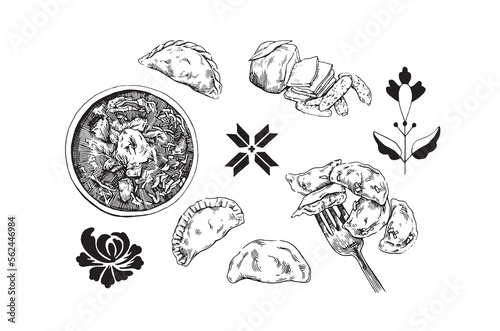 Ukrainian cuisine, borscht, dumplings, lard. Vector seamless pattern, sketch design.