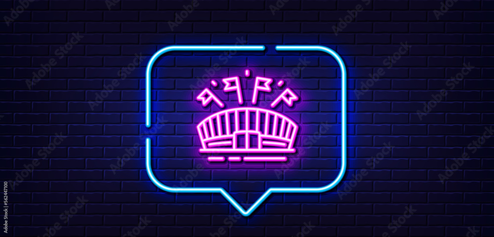 Neon light speech bubble. Sports arena line icon. Stadium with flags sign. Sport complex symbol. Neon light background. Sports arena glow line. Brick wall banner. Vector
