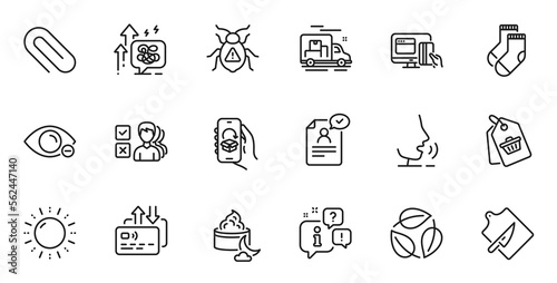 Outline set of Myopia, Cutting board and Socks line icons for web application. Talk, information, delivery truck outline icon. Include Software bug, Card, Leaves icons. Vector