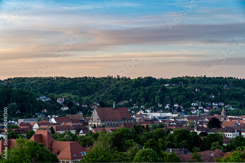 View of a German town called Schwäbisch Gmünd with green hills in the background