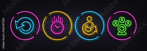 Share, Time and Recovery data minimal line icons. Neon laser 3d lights. Video conference icons. For web, application, printing. Referral person, Clock, Backup info. Online meeting. Vector