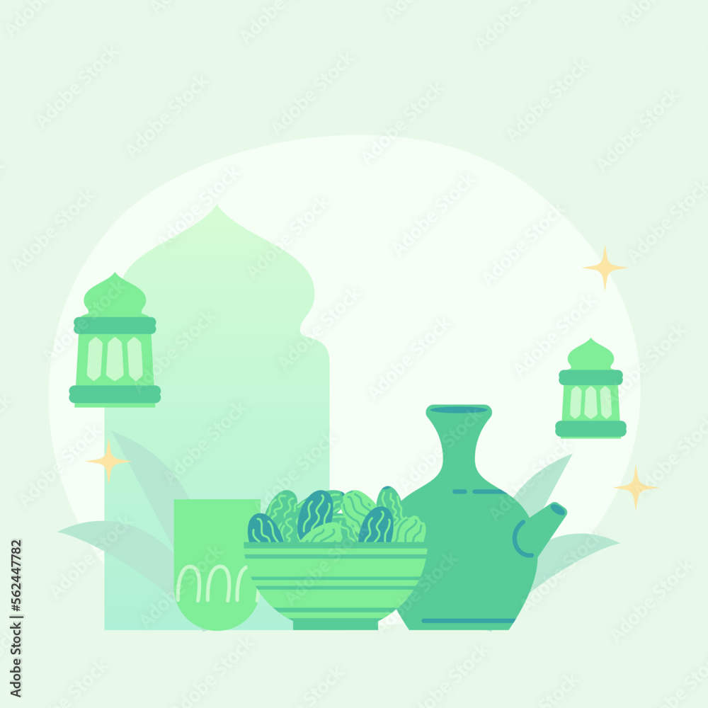 Fototapeta premium cute flat illustration eid mubarak greeting. flat illustration about fasting. cute illustration of breaking fast. cute flat illustration ramadan.