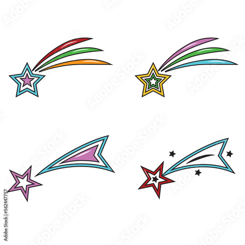 A set of cartoon colorful vector illustrations of stars isolated on a white background.