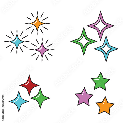 A set of cartoon colorful vector illustrations of stars isolated on a white background.