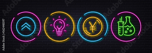Energy, Swipe up and Yen money minimal line icons. Neon laser 3d lights. Chemistry flask icons. For web, application, printing. Lightbulb, Scroll screen, Currency. Laboratory. Vector