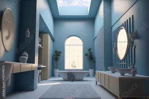 A modern Bathroom, in a minimalist millenium crib, high ceiling and filled with warm blue and khaki colour as the wall blend in with the design of the furniture. 