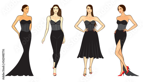 Fashion illustration of outline female models in corset dresses, isolated, on white background. Vector set.