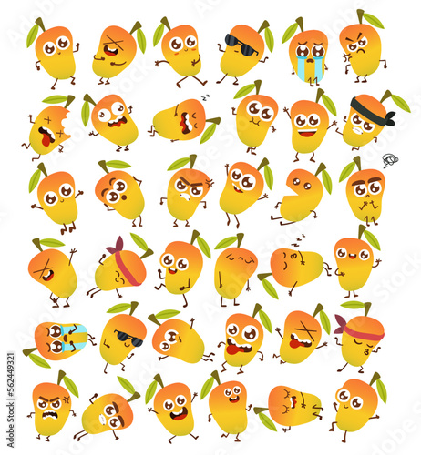 Cute Cartoon Emotional Mango character stickers vector illustration on white background