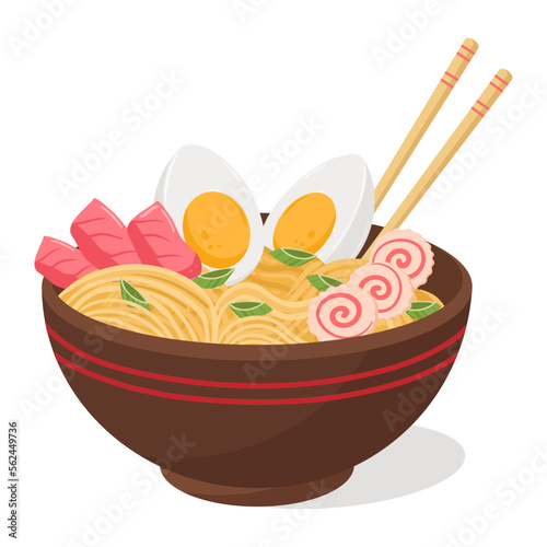 Cartoon ramen bowl. Japanese noodle soup, traditional tasty broth with noodles and eggs flat vector illustration white background