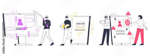 Cyber internet scam. Hacker attack, online cyber crime, computer security, personal data protection, internet fraud scenes flat vector illustration set