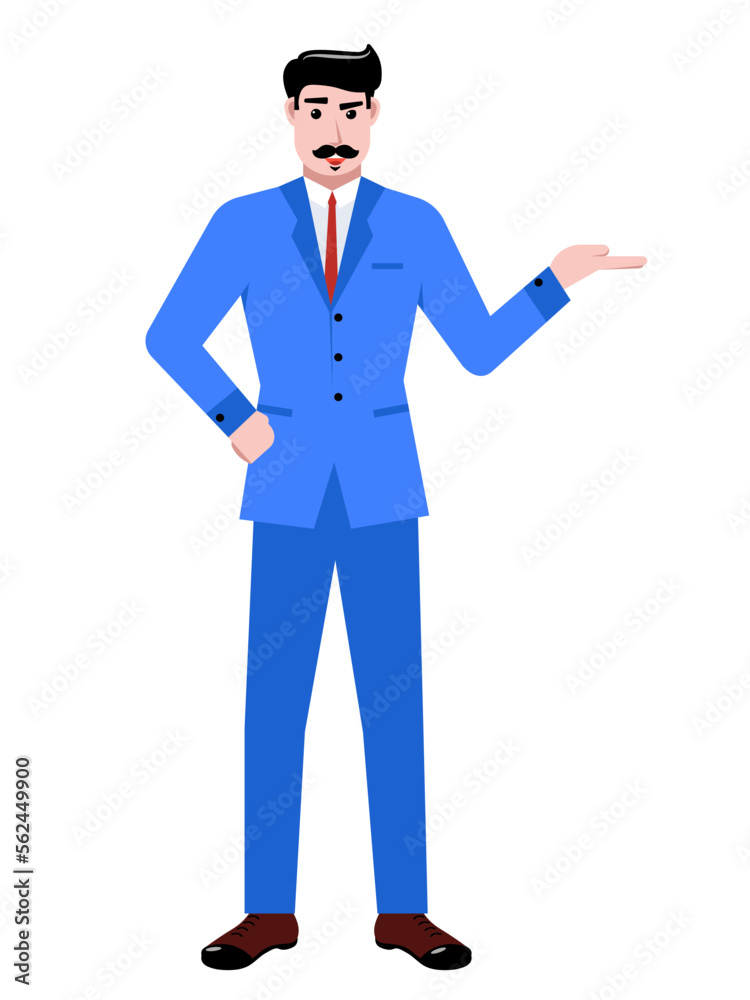 Businessman in blue suit standing, showing gesture with hand isolated over white background. Presentation, ad. Concept of business, career, innovations Businessman in blue suit standing, showing gesture with hand isolated over white background. Presentation, ad. Concept of business, career, innovations