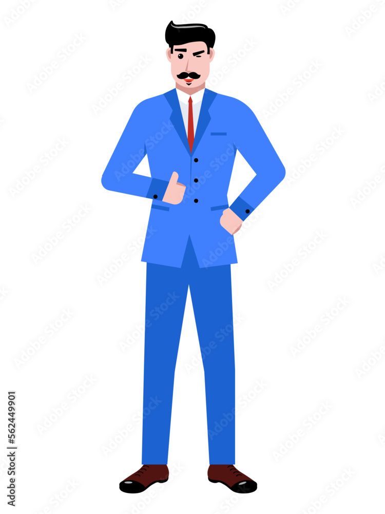 Businessman in blue suit standing, showing gesture with hand isolated over white background. Presentation, ad. Concept of business, career, innovations Businessman in blue suit standing, showing gesture with hand isolated over white background. Presentation, ad. Concept of business, career, innovations