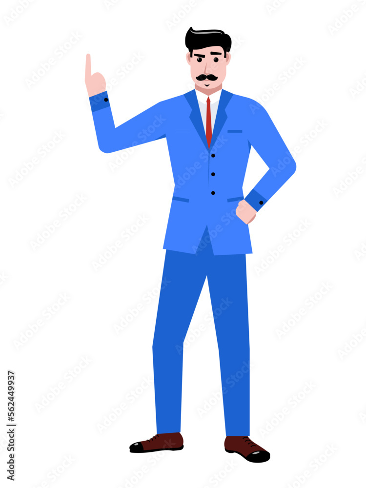 Businessman in blue suit standing, showing gesture with hand isolated over white background. Presentation, ad. Concept of business, career, innovations Businessman in blue suit standing, showing gesture with hand isolated over white background. Presentation, ad. Concept of business, career, innovations