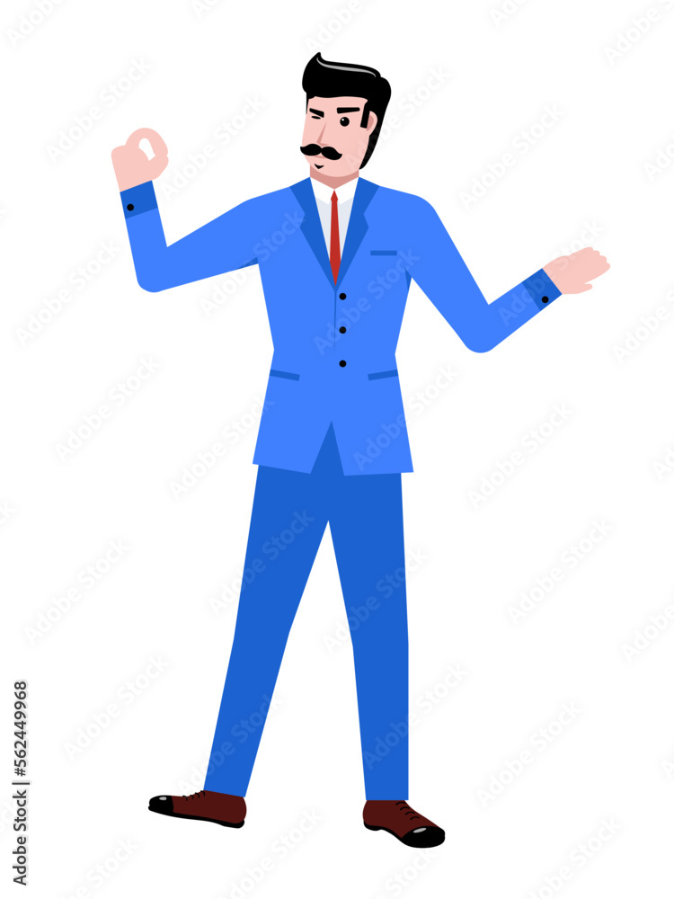Businessman in blue suit standing, showing gesture with hand isolated over white background. Presentation, ad. Concept of business, career, innovations Businessman in blue suit standing, showing gesture with hand isolated over white background. Presentation, ad. Concept of business, career, innovations