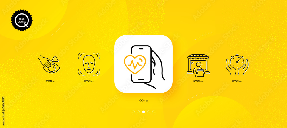 Dont touch, Cardio training and Delivery market minimal line icons. Yellow abstract background. Timer, Face detection icons. For web, application, printing. Vector - obrazy, fototapety, plakaty 