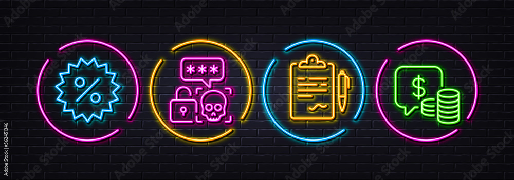 Cyber attack, Clipboard and Discount minimal line icons. Neon laser 3d lights. Coins icons. For web, application, printing. Password hacking, Agreement contract, Special offer. Vector