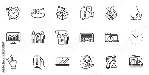 Outline set of Sales diagram, Alarm clock and Statistics line icons for web application. Talk, information, delivery truck outline icon. Vector