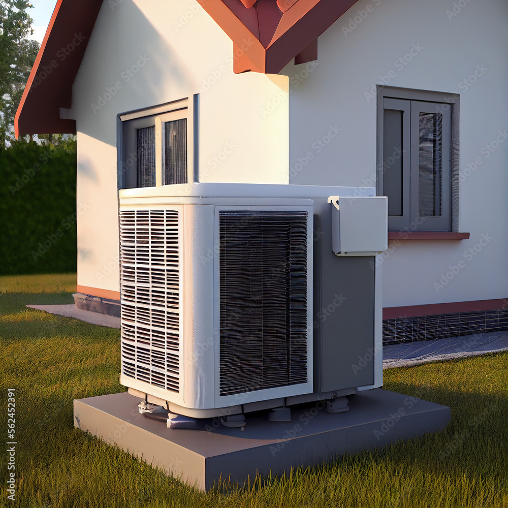 Air heat pump beside house. Generative Ai Air heat pump beside house. Generative Ai