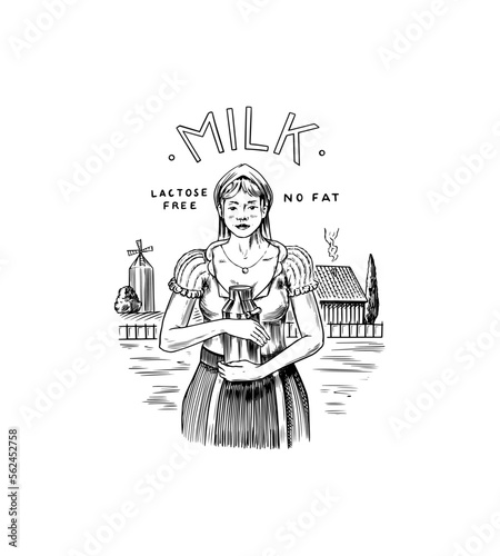Village woman milkmaid with a can of milk on the background of a farm with a mill. Vintage logo or label for shop. Badge for t-shirts. Hand Drawn engrave sketch. photo