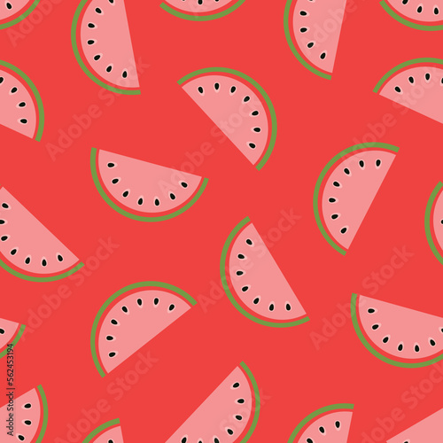 Seamless watermelon pattern. Slices with red flesh and black seeds. Summer bright Vector illustration good for printing.