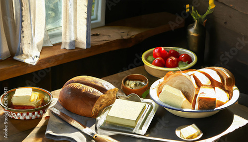 pane affettato su vassoio vicino a coltello e burro accanto a finestra , strofinaccio di lino elegante tavolo di legno, contenuto creato con intelligenza artificiale photo