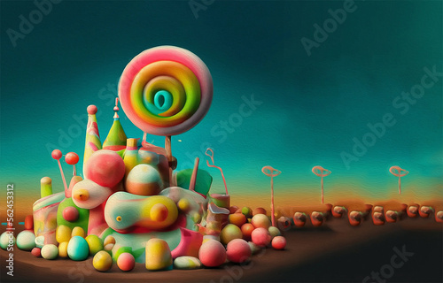 illustrazione creata con intelligenza artificiale di surreale ambiente con contenitore trasparente di caramelle, dolci e lecca lecca colorati, ideale con sfondo per compleanni ,mondo surreale di dolci photo