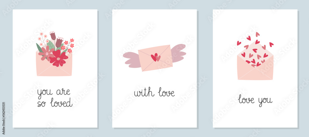 Set of Valentine's Day greeting cards with hand drawn envelopes. Template for greeting card, invitation, poster, banner, gift tag