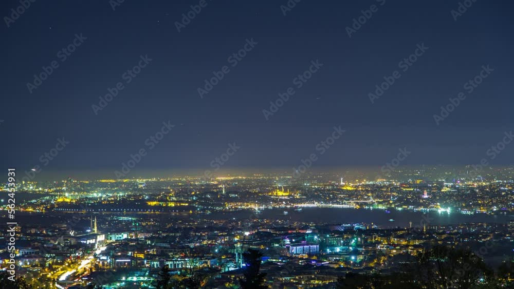 Night timelapse top overview of besiktas district with traffic in istanbul taken from asian part of the city on Camlica hill. Reflection on Bosphorus water with floaing ship Night timelapse top overview of besiktas district with traffic in istanbul taken from asian part of the city on Camlica hill. Reflection on Bosphorus water with floaing ship