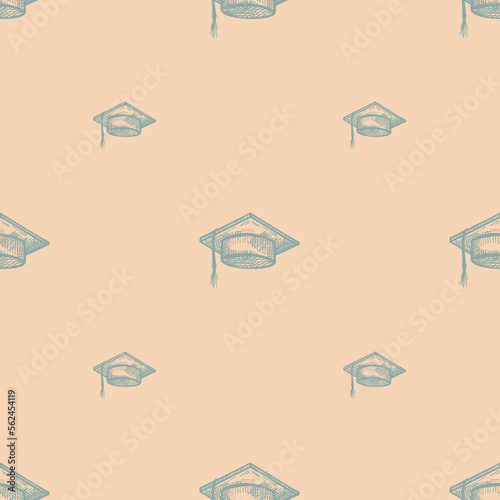 Graduate hat engraved seamless pattern. Vintage element education in hand drawn style. Sketch texture for fabric, wallpaper, textile, print, title, wrapping paper. Vector illustration.