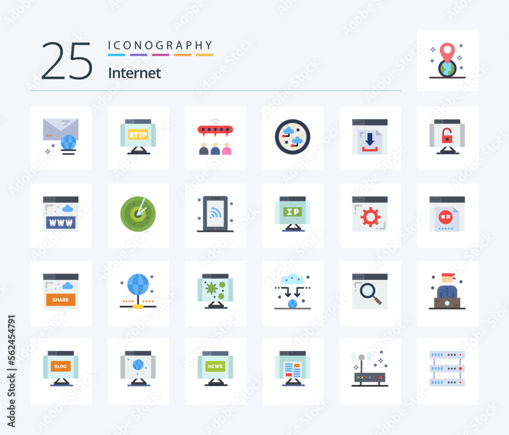 Internet 25 Flat Color icon pack including download. technology. group. network. connected