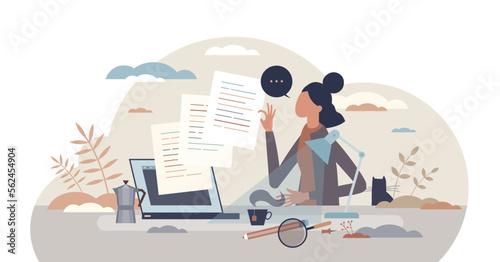 Content writing and creative text author as freelance job tiny person concept, transparent background. Professional copywriter, editor or social media blog creation for advertising. photo